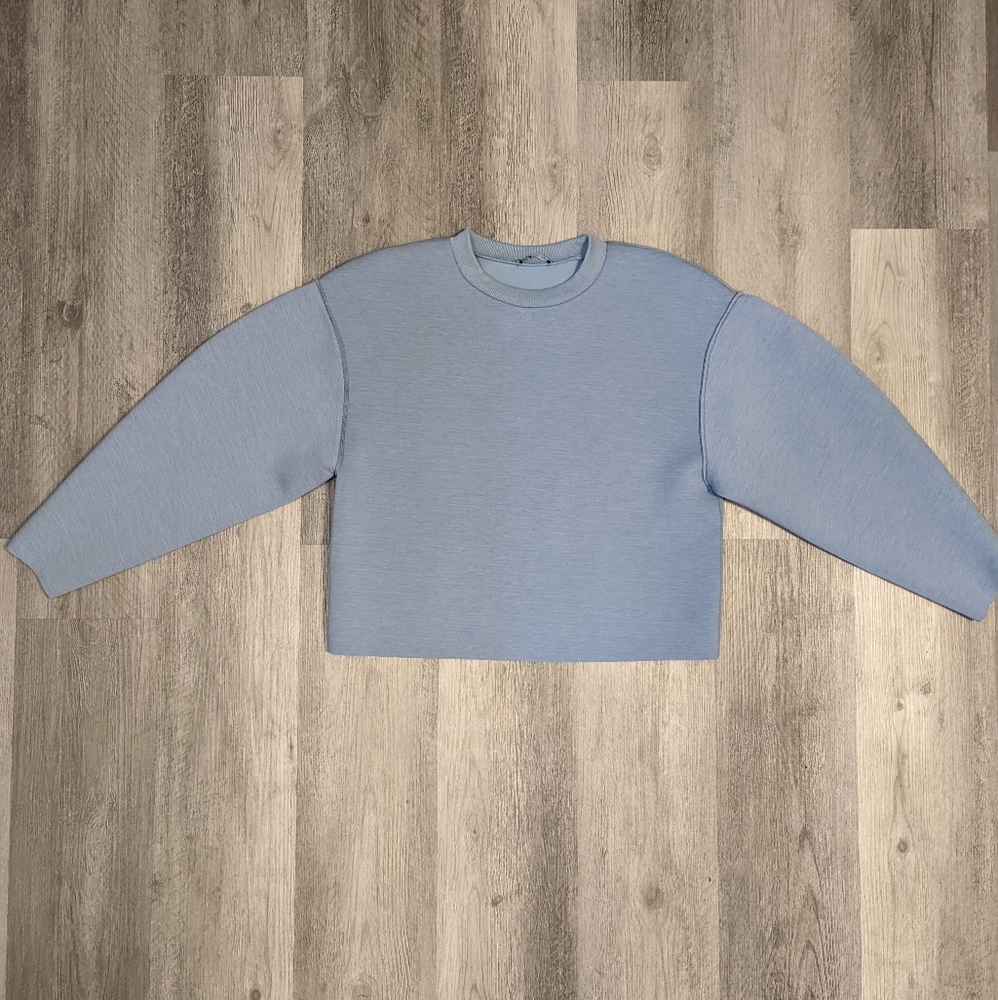 Zara Light Blue Oversized Neoprene Effect Exposed Hem Women's Top Sz Small NWOT - Picture 2 of 5